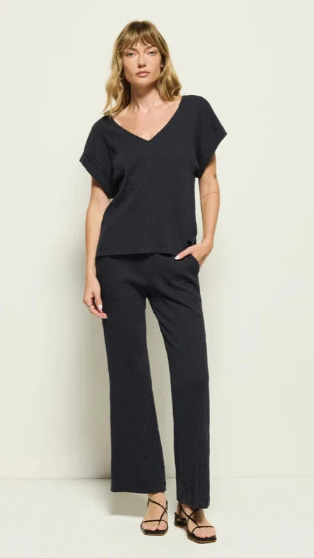 Nation LTD Lottie V-Neck Crinkle Top  in Navy Night Sky