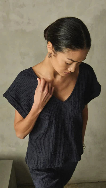 Nation LTD Lottie V-Neck Crinkle Top  in Navy Night Sky