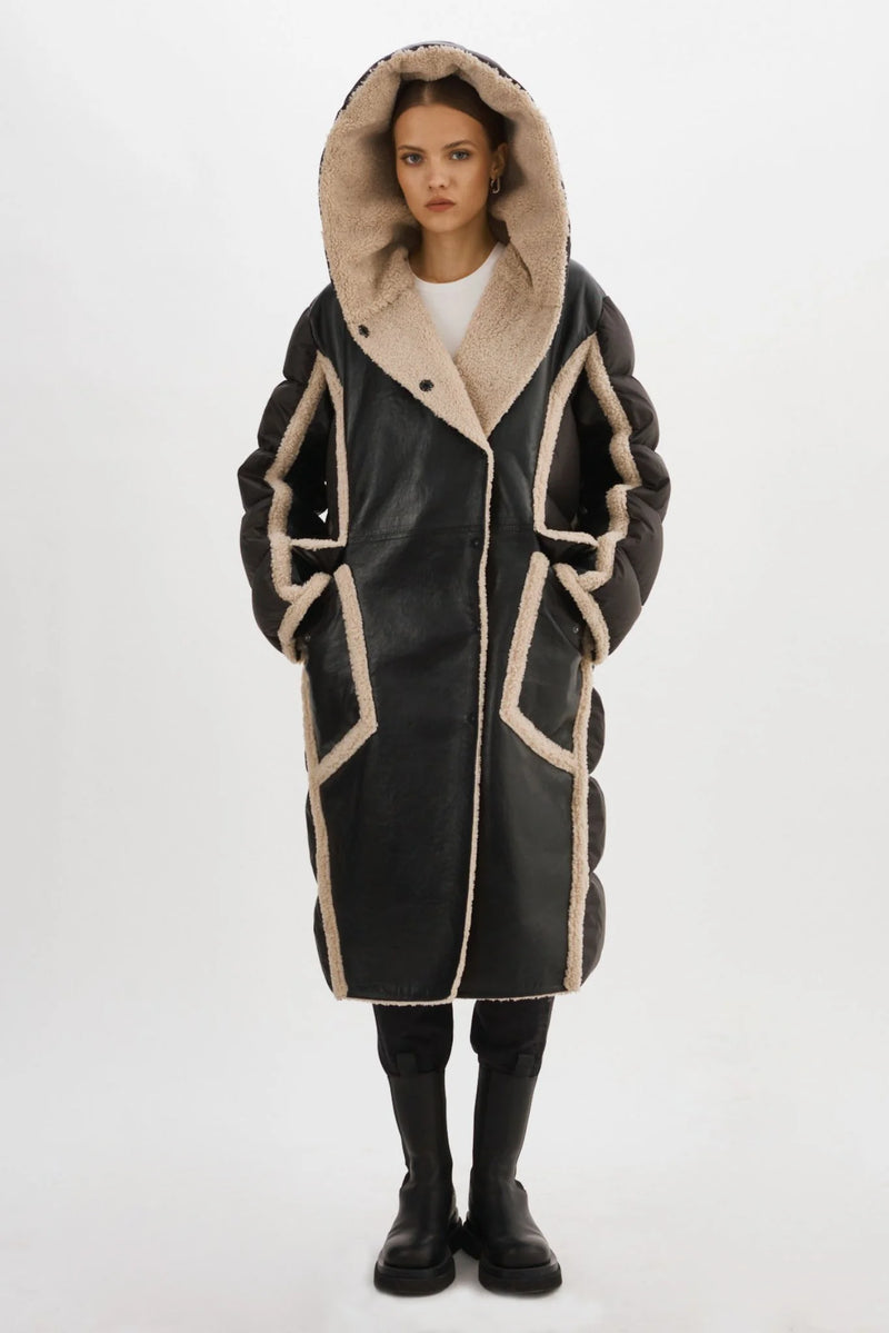 Lamarque Rexana Mixed Media Leather Puffer Coat in Black/Ecru