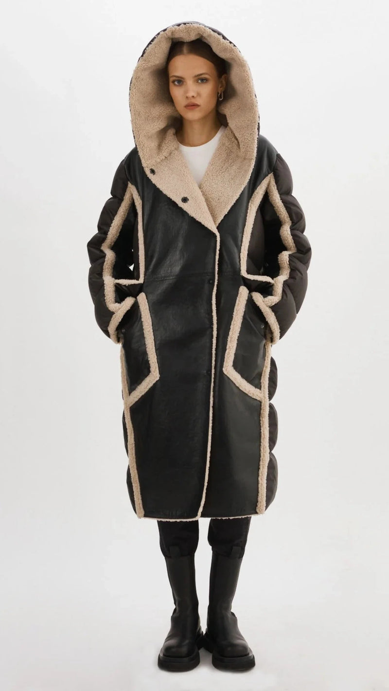 Lamarque Rexana Mixed Media Leather Puffer Coat in Black/Ecru