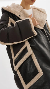 Lamarque Rexana Mixed Media Leather Puffer Coat in Black/Ecru