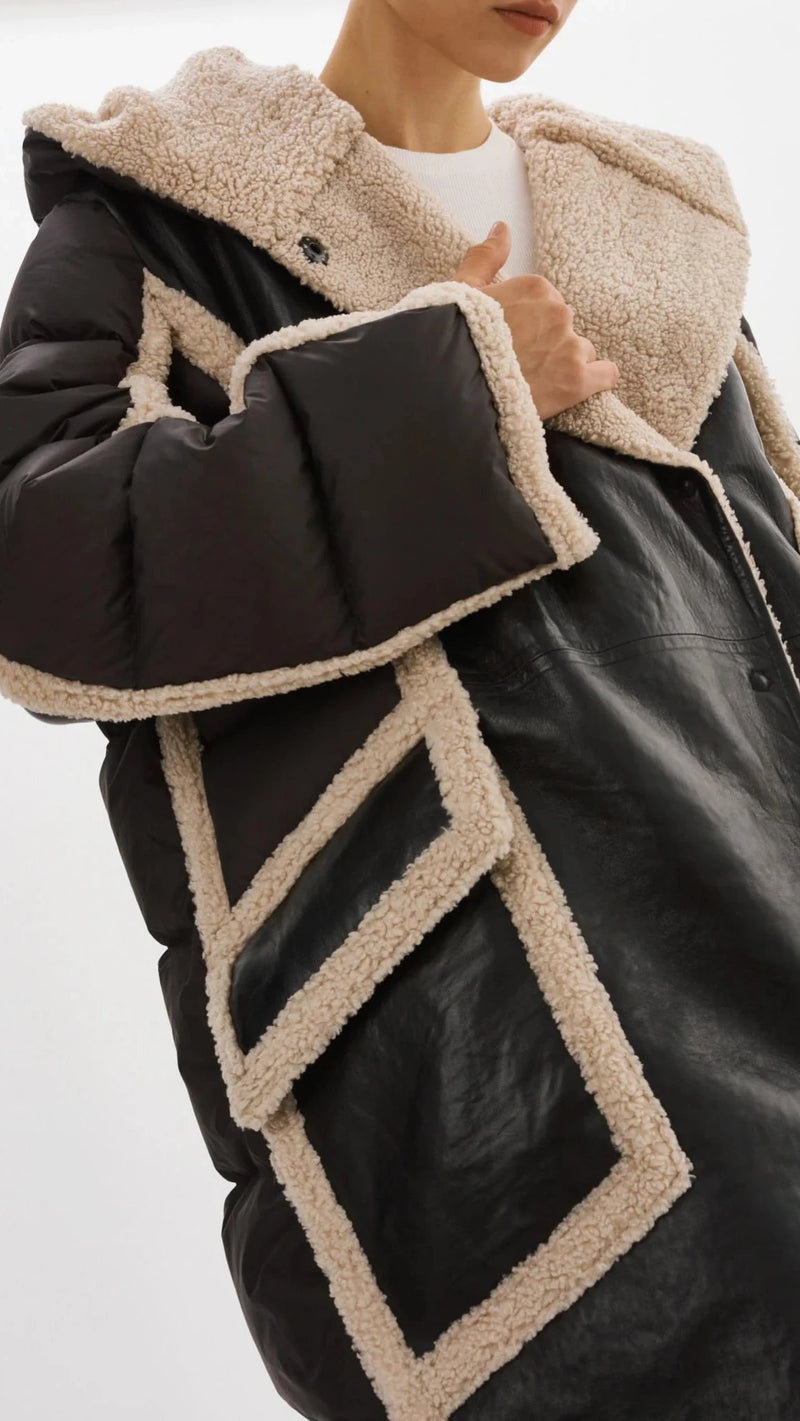Lamarque Rexana Mixed Media Leather Puffer Coat in Black/Ecru