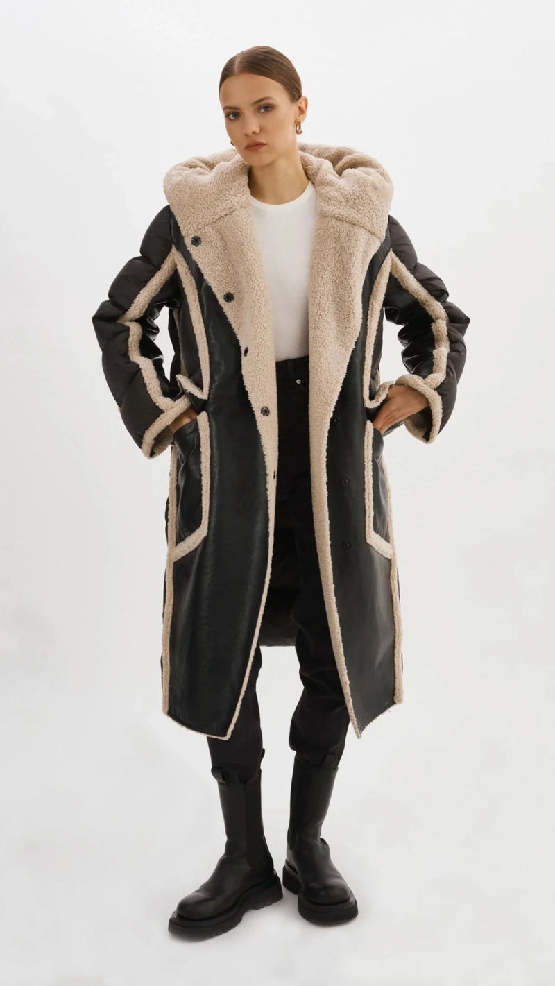 Lamarque Rexana Mixed Media Leather Puffer Coat in Black/Ecru