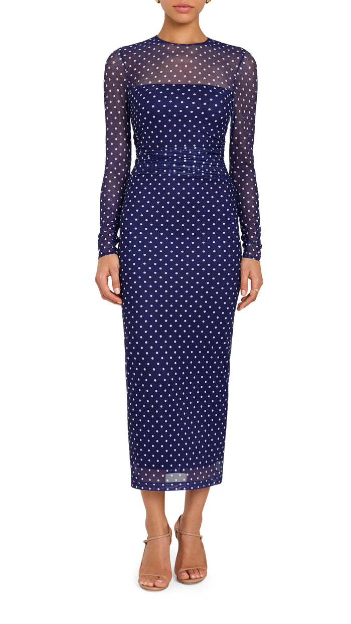 Amanda Uprichard Zoey Long Sleeve Mesh Midi Dress in Navy Polka Dot
