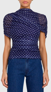 Amanda Uprichard Evianna Mesh Top in Navy Polka Dot
