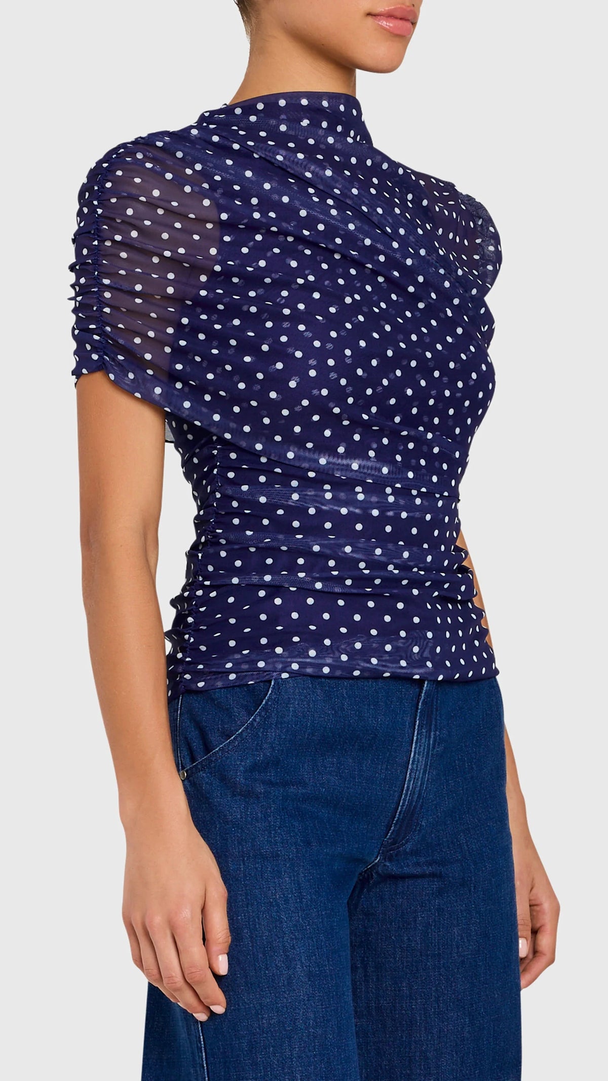 Amanda Uprichard Evianna Mesh Top in Navy Polka Dot