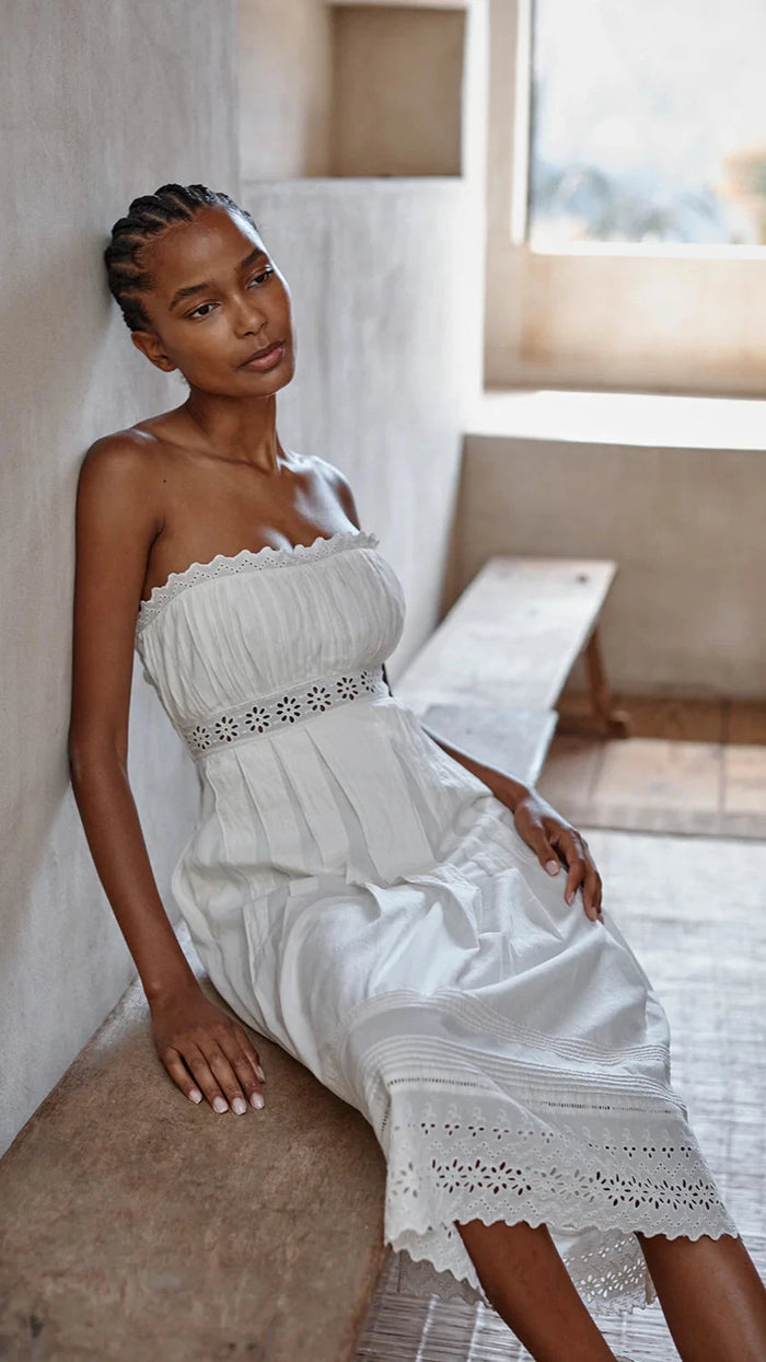 Misa Persis Strapless Eyelet Cotton Midi Dress in Cream
