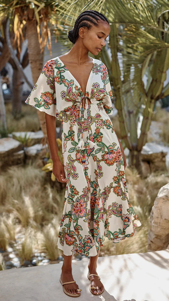 Misa Irena Kimono Sleeve Dress in Floral Lattice Satin