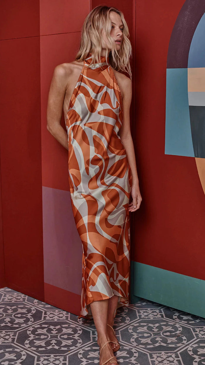 Misa Fiore Halter Maxi Dress in Abstract Summer Shade