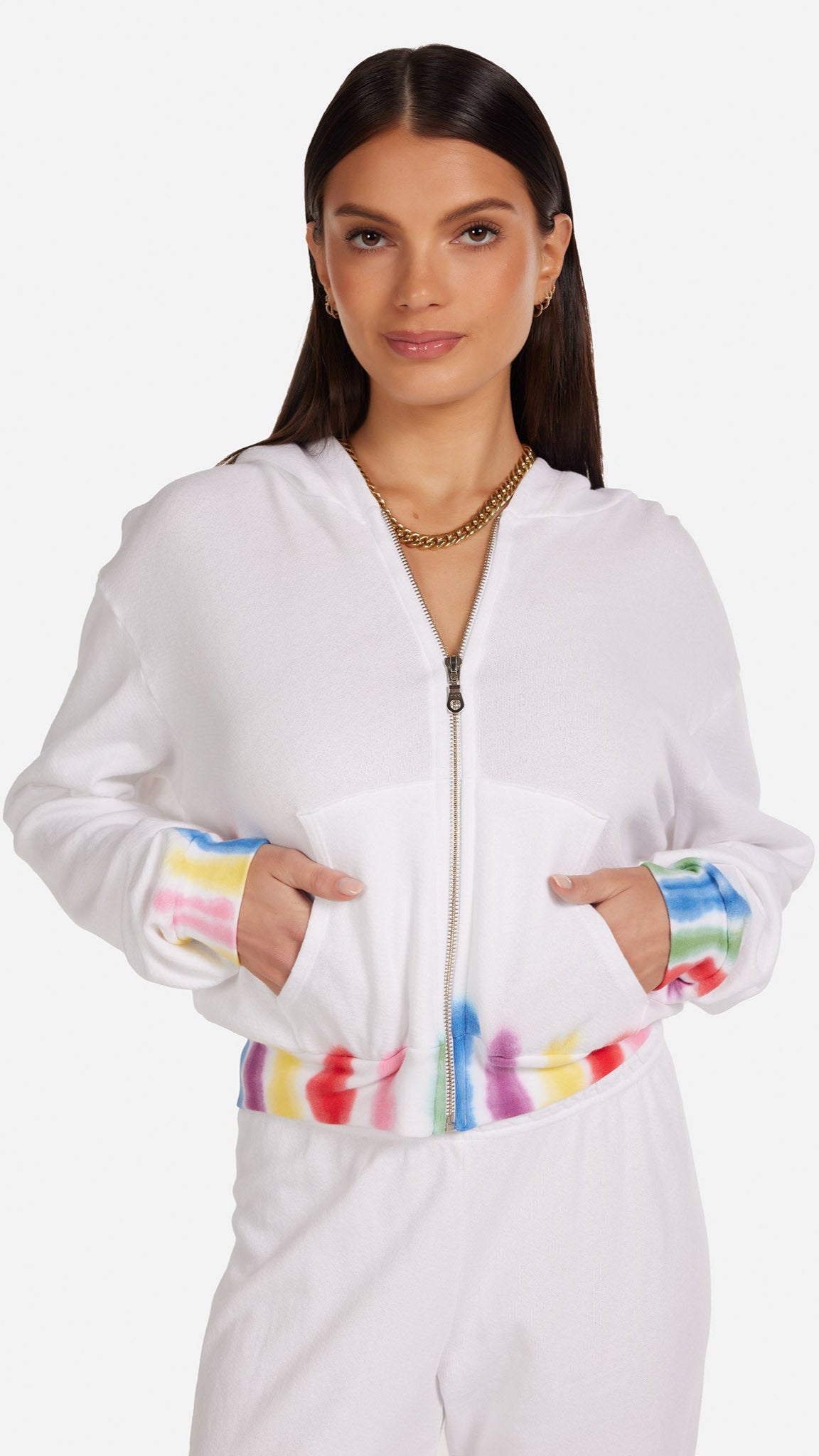 Michael Lauren Bowman Crop Zip Up in White Multi Tie Dye