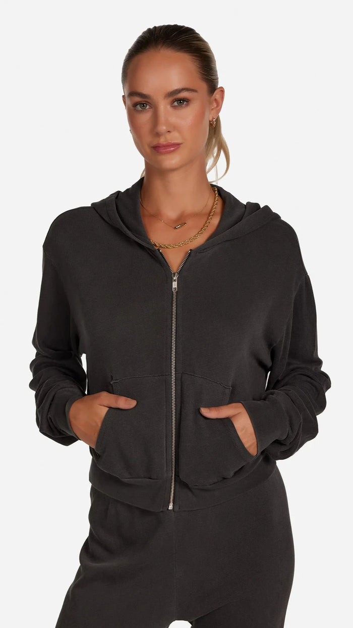 Michael Lauren Bowman Cropped Zip Up Hoodie in Faded Onyx