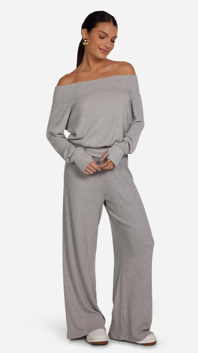 Michael Lauren Fenn Ribbed Off The Shoulder Top in Heather Grey