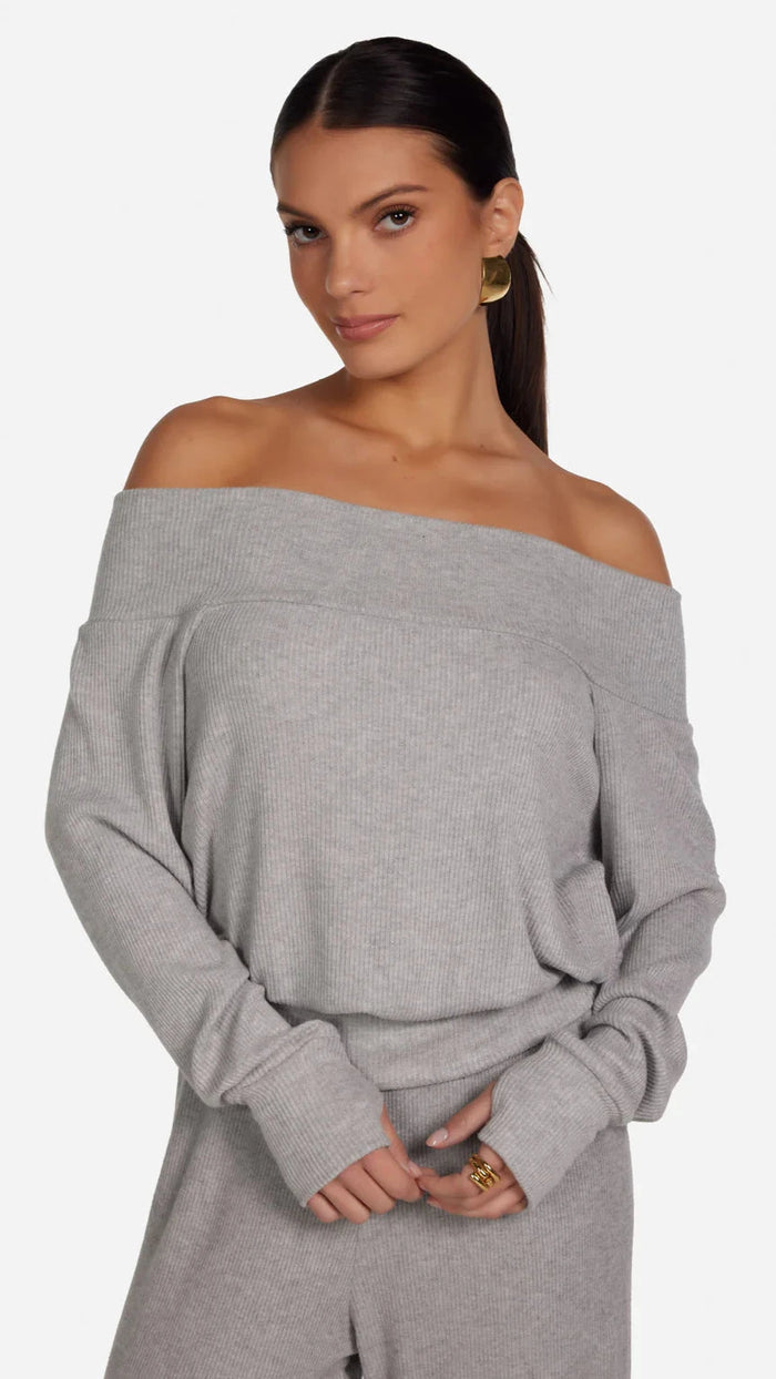 Michael Lauren Fenn Ribbed Off The Shoulder Top in Heather Grey