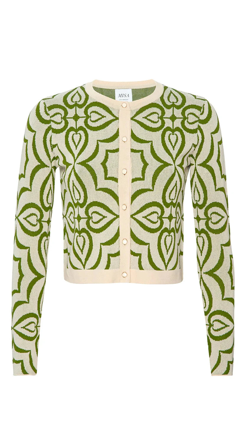Misa Pansy Knit Cardigan in Green Mosaic Tile Print