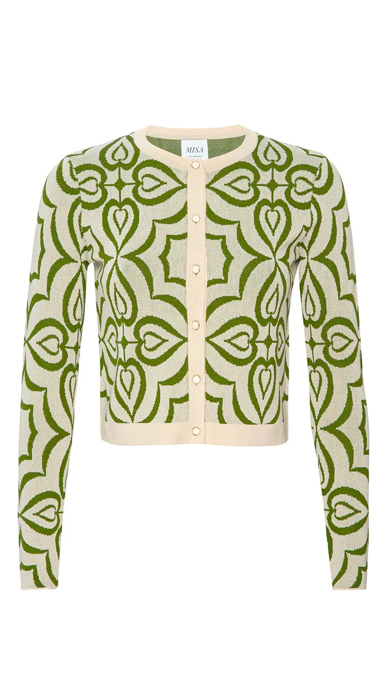 Misa Pansy Knit Cardigan in Green Mosaic Tile Print