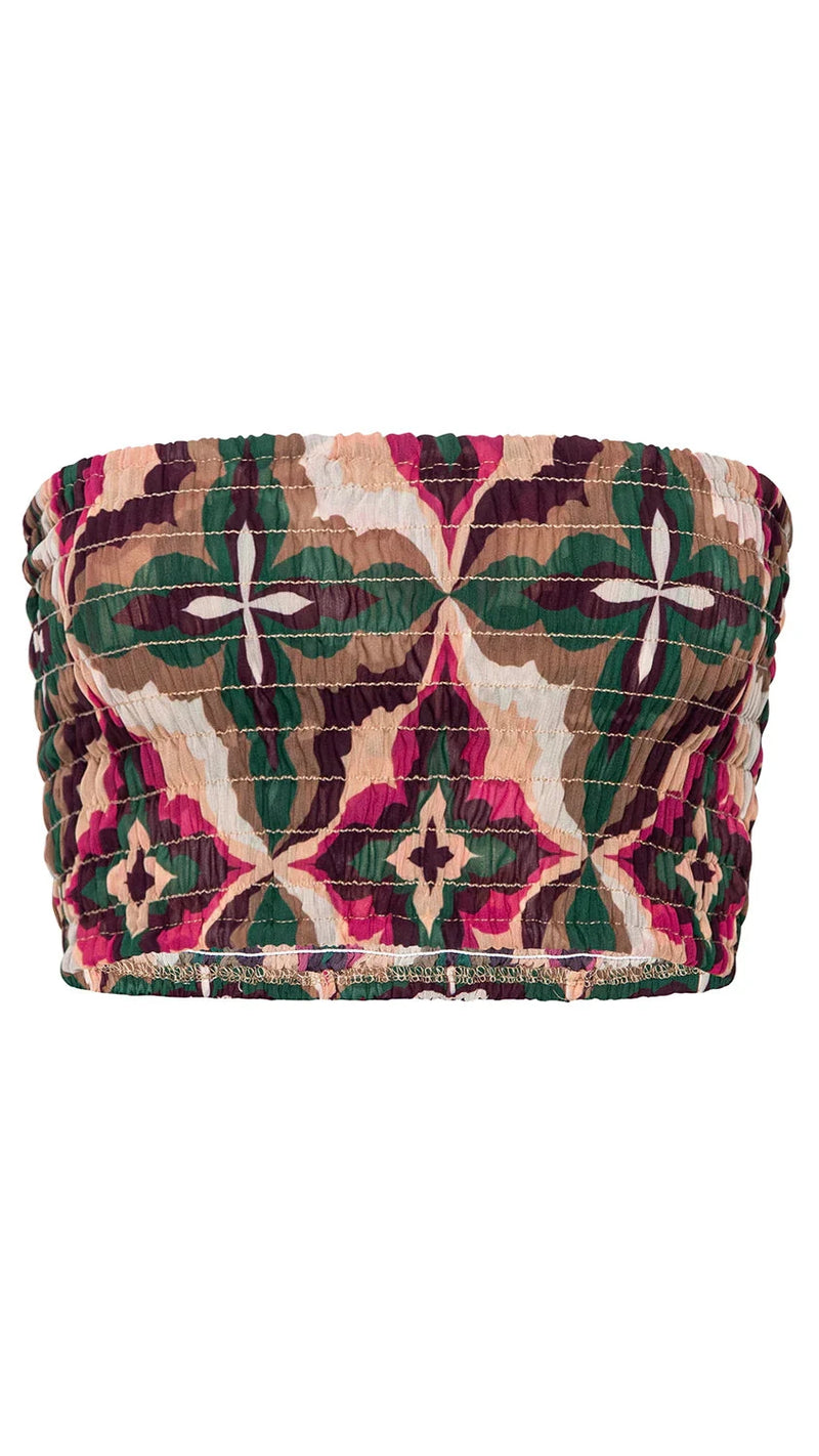Misa Roksana Smocked Crop Top in Prismatic Fuchsia Tile
