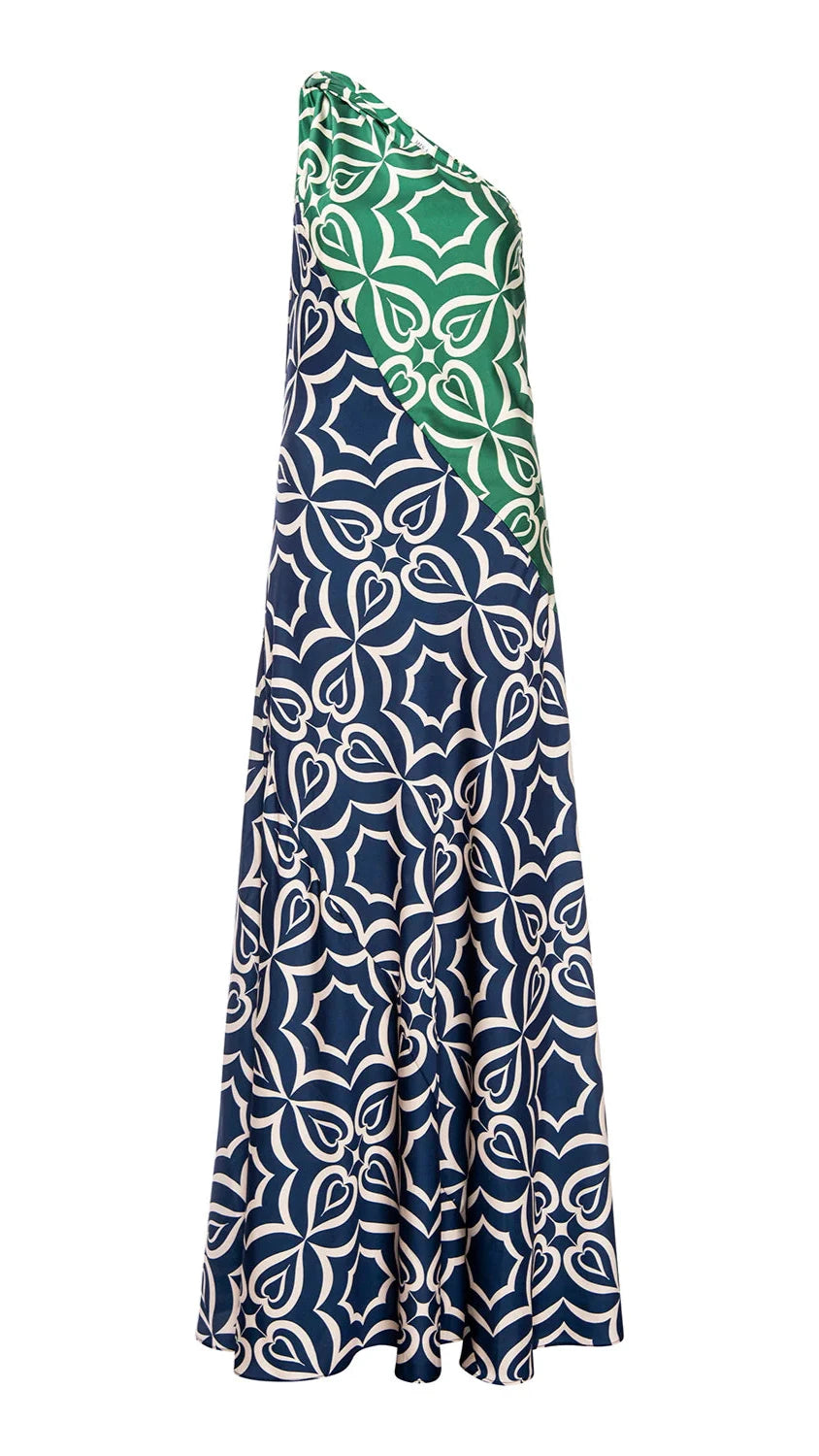Misa Magdalene One Shoulder Maxi in Mosaic Tile Mix Satin