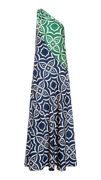 Misa Magdalene One Shoulder Maxi in Mosaic Tile Mix Satin
