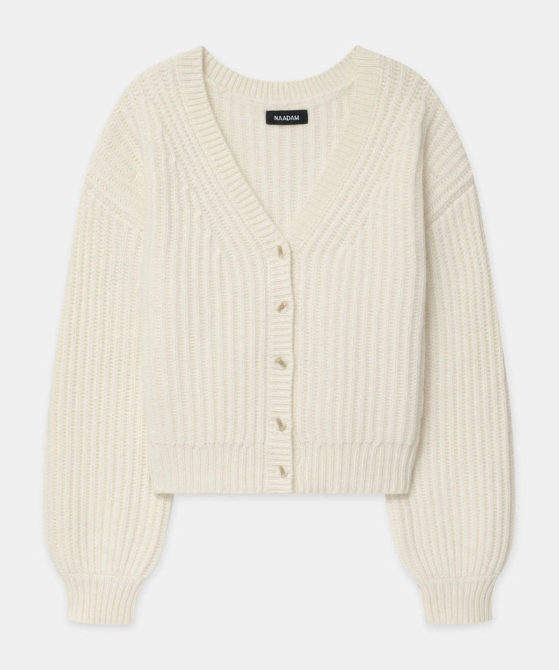 Naadam Cashmere Super Luxe Fisherman Balloon Sleeve Cardigan in White