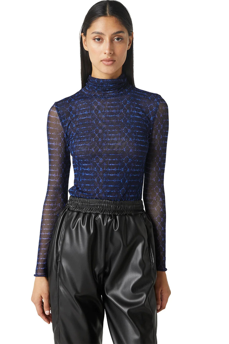 Misa Nadja Mesh Mock Neck Long Sleeve Top in Midnight Shibori