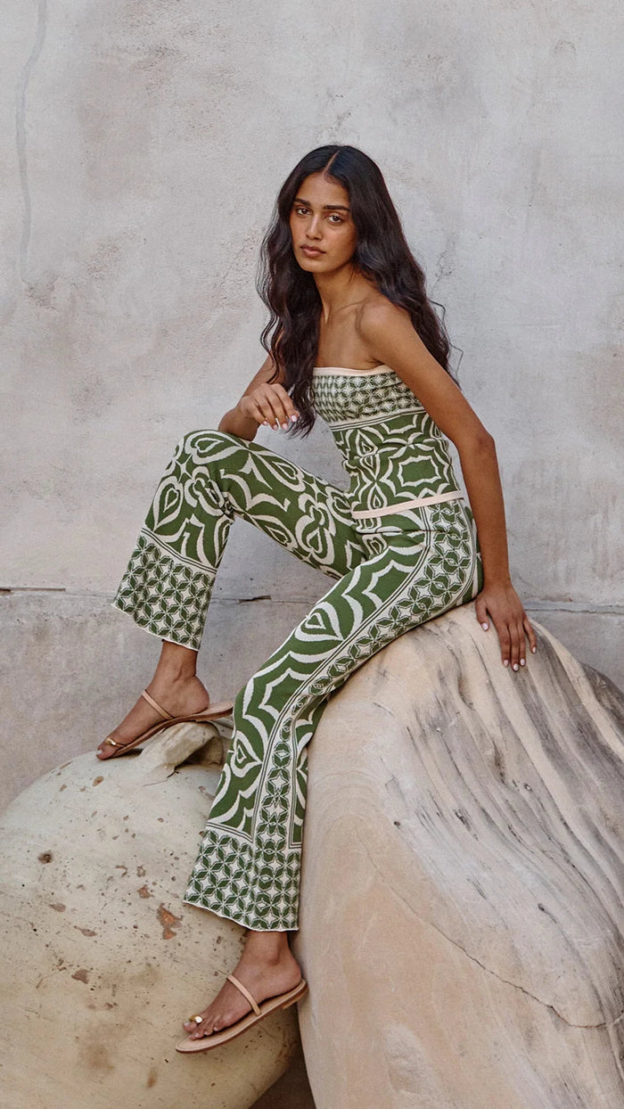 Misa Nessa Knit Bandeau Top in Green Mosaic Tile Print