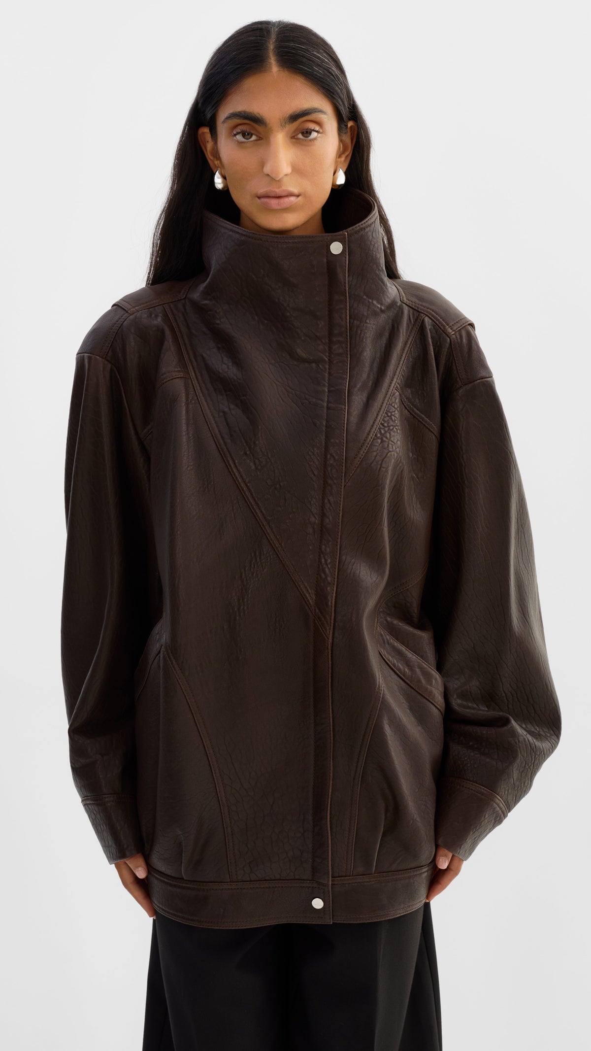 Lamarque Ronja Oversized Leather Jacket in Dark Brown