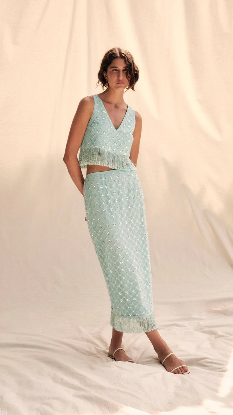 Saylor Randall Beaded Two Piece Set in Seafoam