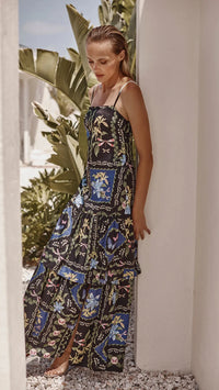 Misa Paulette Tiered Maxi Dress in Patchwork Butterfly