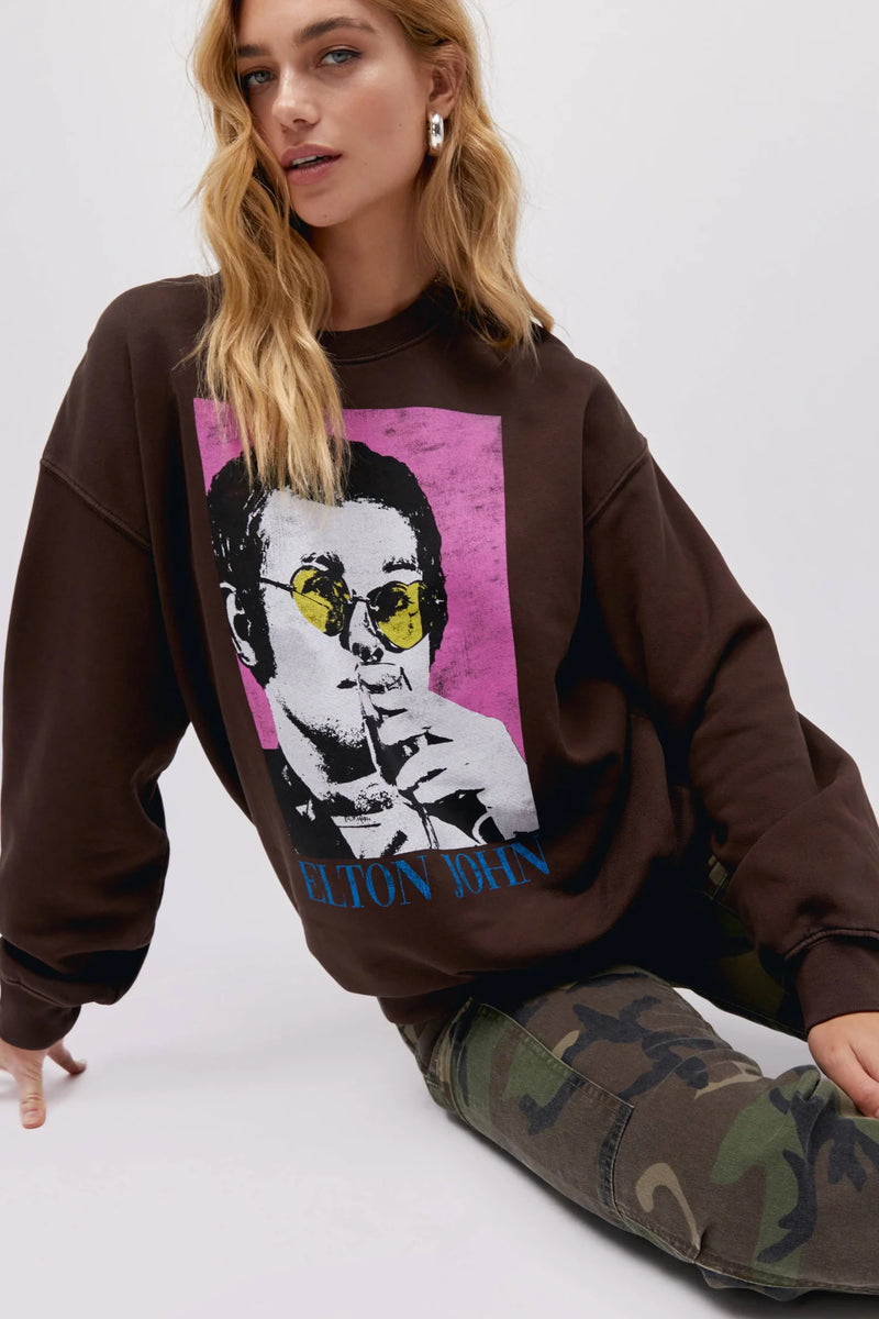 DAYDREAMER Elton John Heart Glasses Sweatshirt in Coffee