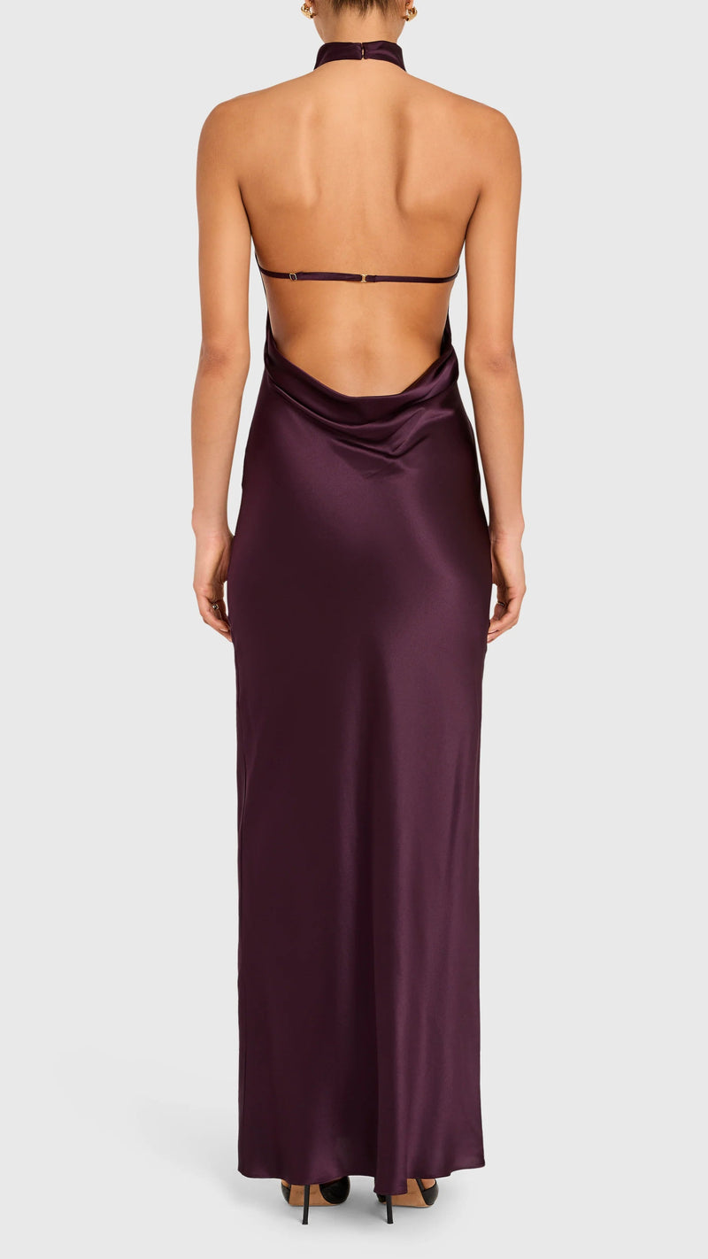 Amanda Uprichard Santana Open Back Gown in Black Cherry