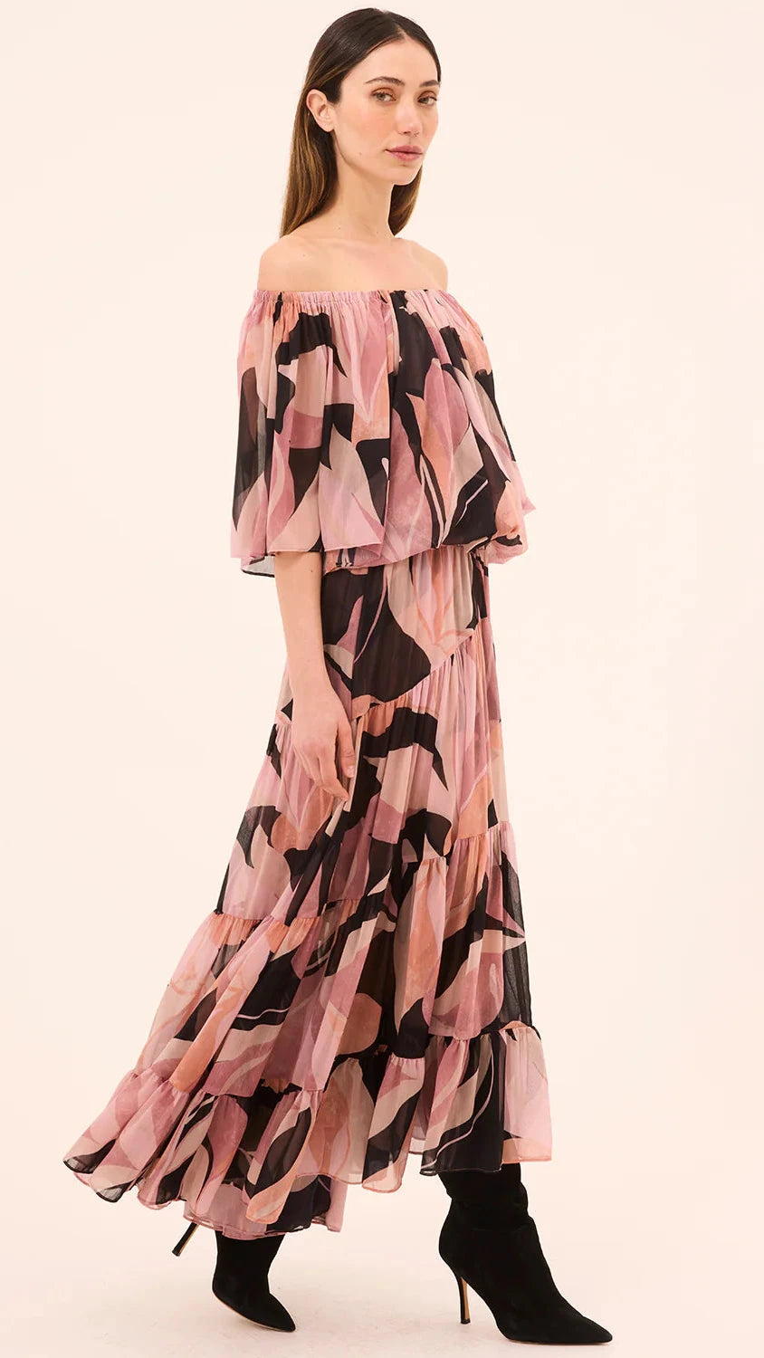 Misa Marie Maxi Skirt in Moody Abstract Chiffon Flora