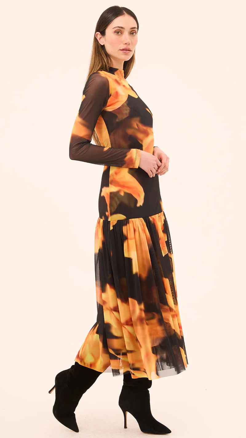 Misa Leylani Drop Waist Mesh Dress in Yellow Flora