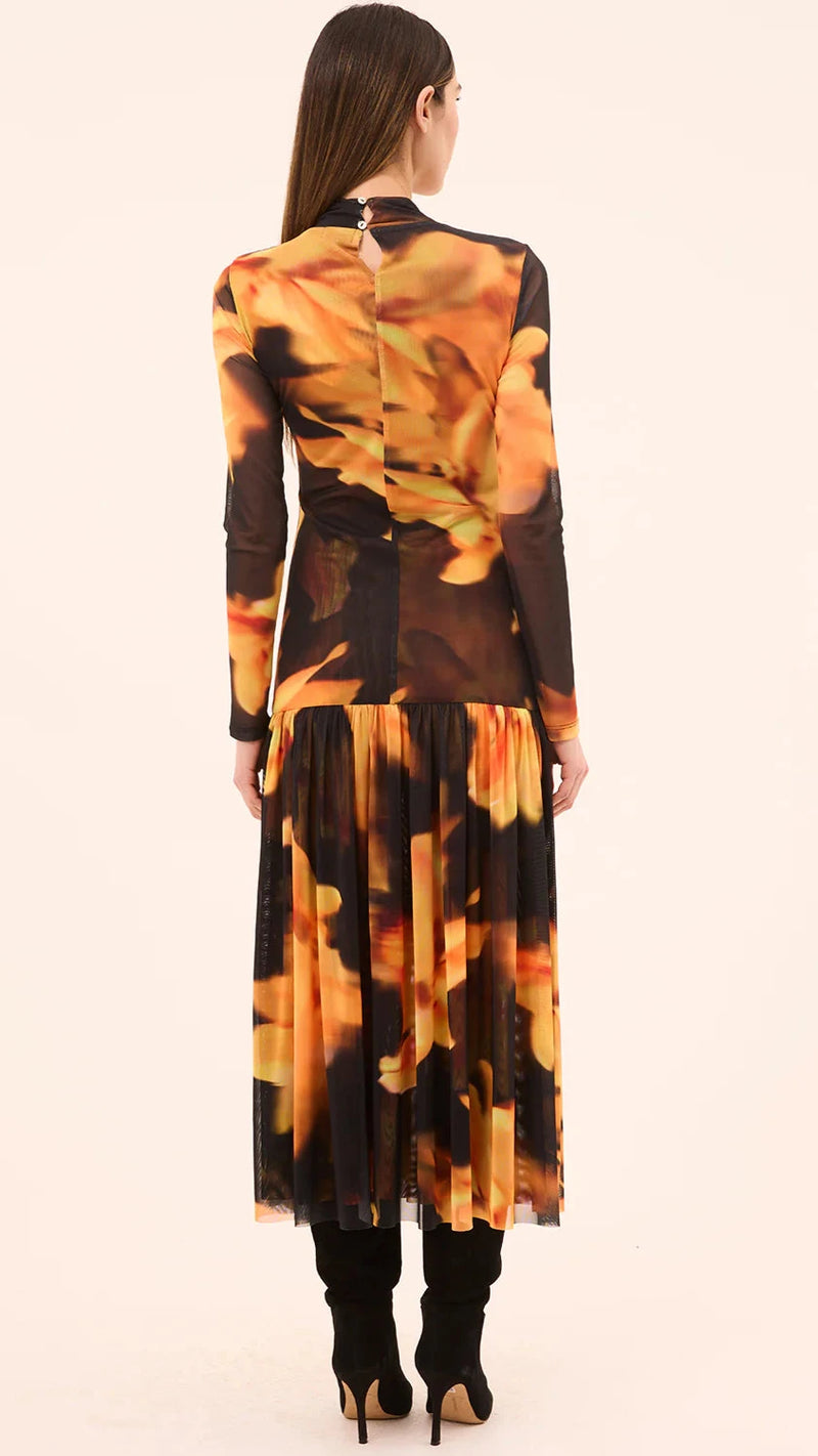 Misa Leylani Drop Waist Mesh Dress in Yellow Flora