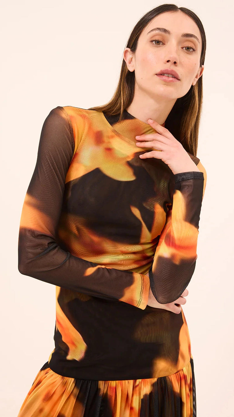 Misa Leylani Drop Waist Mesh Dress in Yellow Flora
