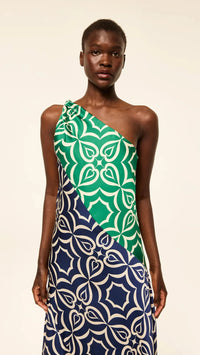 Misa Magdalene One Shoulder Maxi in Mosaic Tile Mix Satin