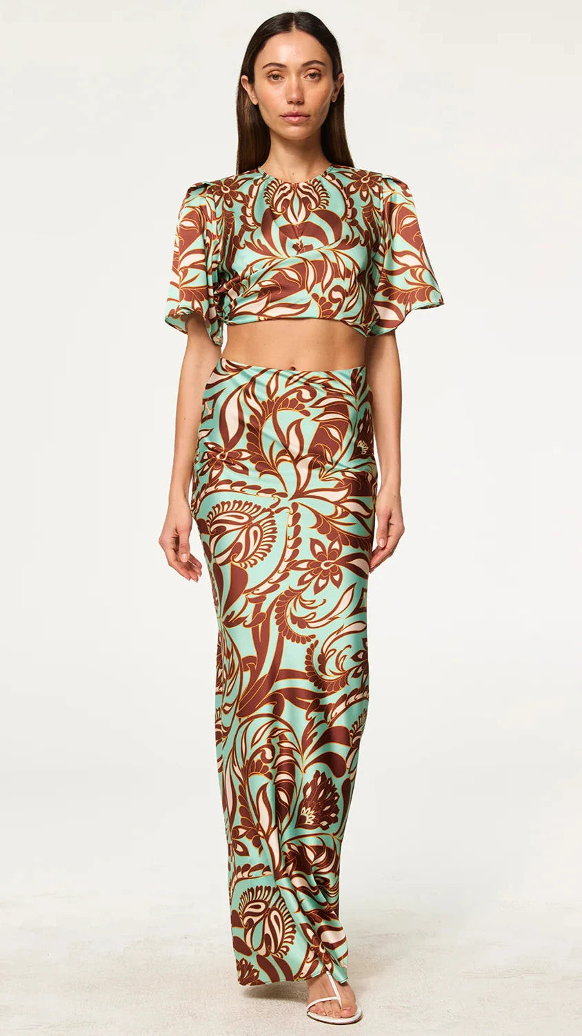Misa Roni Satin Top in Brown Vintage Botanical