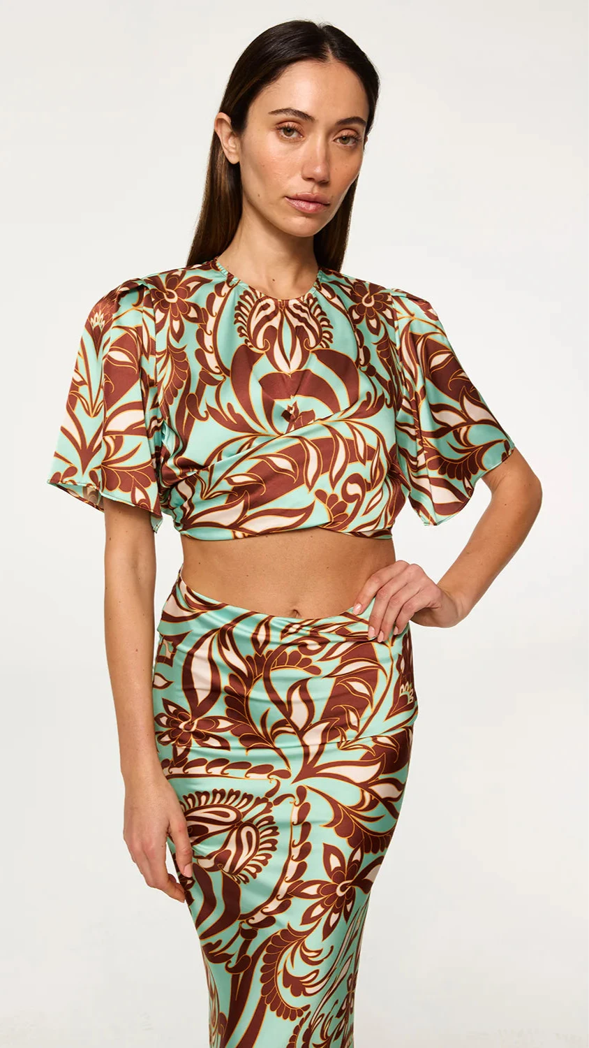 Misa Roni Satin Top in Brown Vintage Botanical