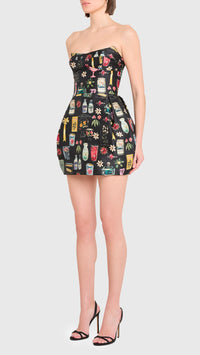 Amanda Uprichard Bowery Strapless Mini Dress in Black Treasure Print