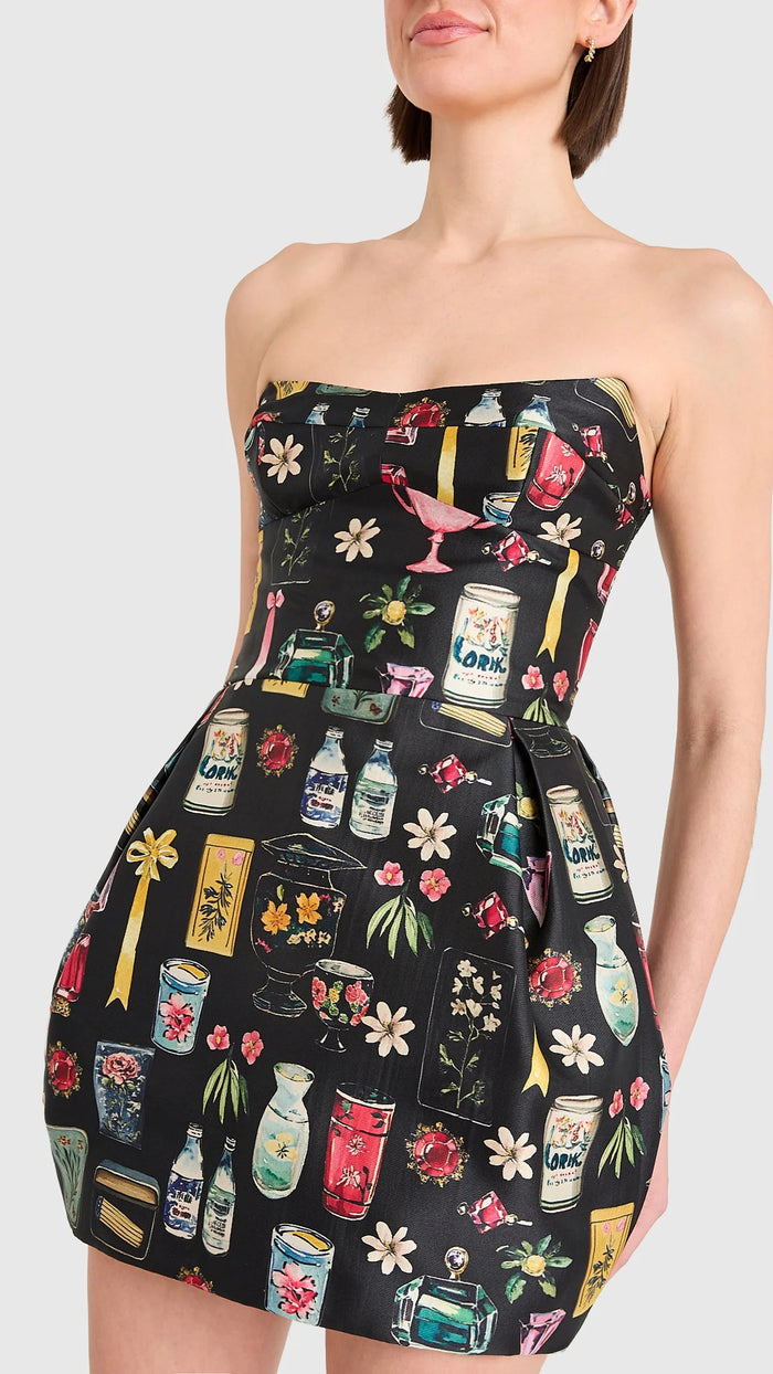 Amanda Uprichard Bowery Strapless Mini Dress in Black Treasure Print