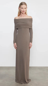 Enza Costa Silk Rib Off the Shoulder Fluid Maxi Dress in Mushroom