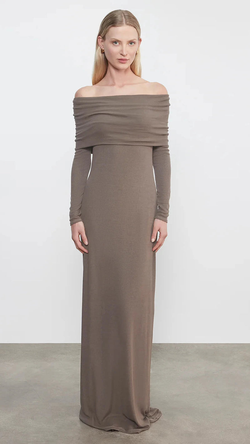 Enza Costa Silk Rib Off the Shoulder Fluid Maxi Dress in Mushroom
