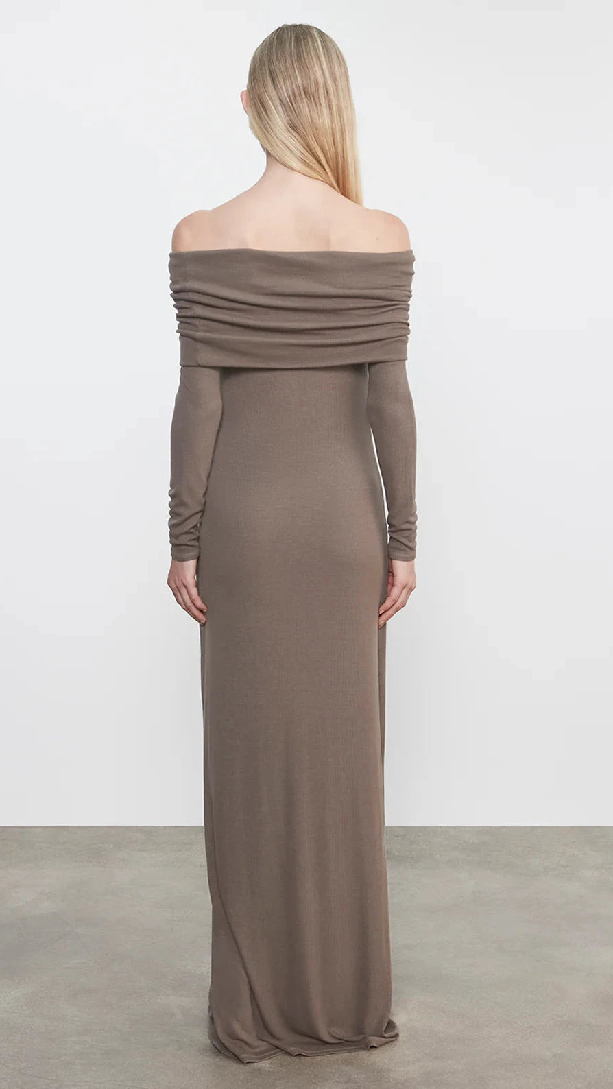 Enza Costa Silk Rib Off the Shoulder Fluid Maxi Dress in Mushroom