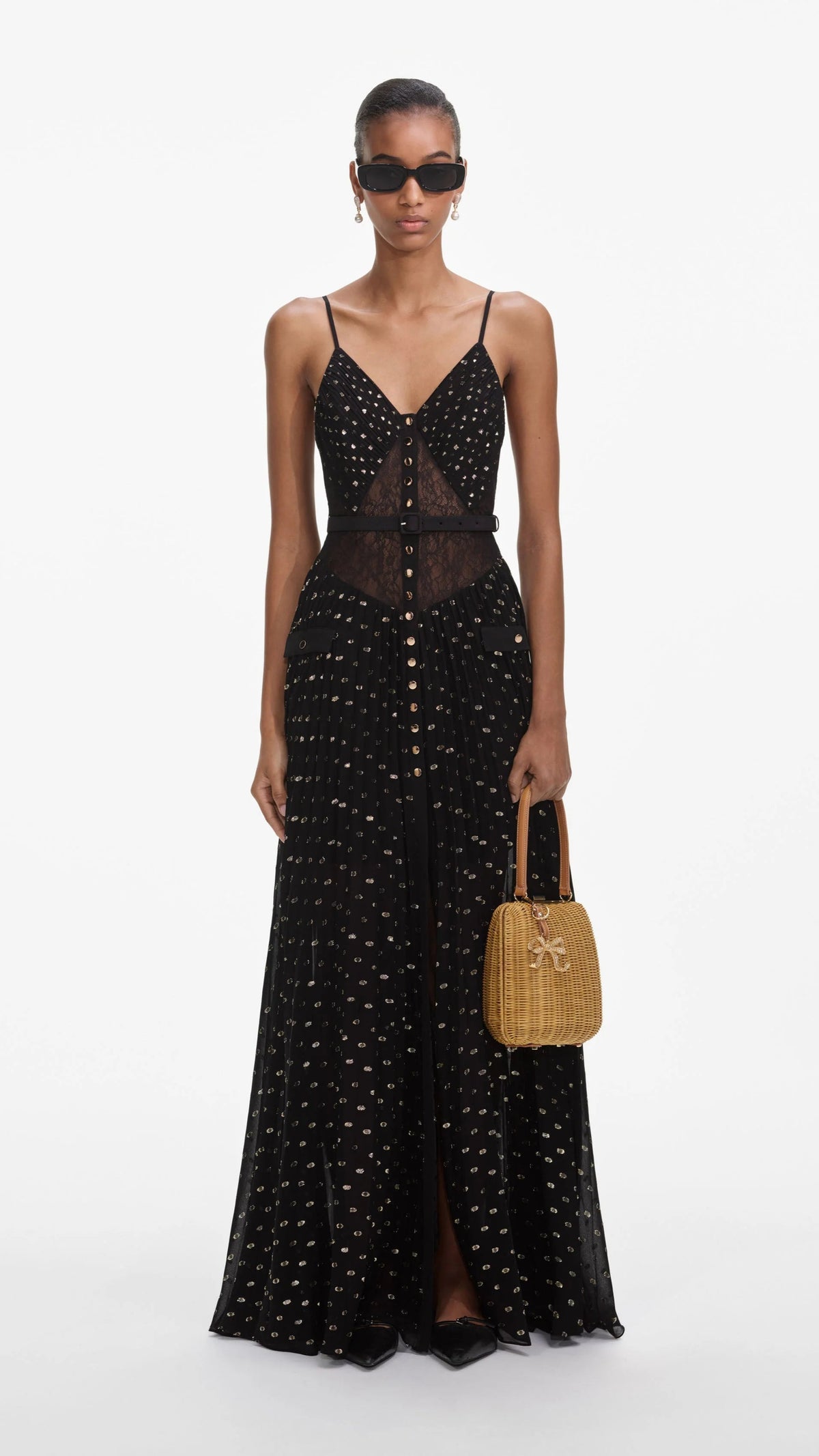 Self Portrait Chiffon Maxi Dress in Black and Gold