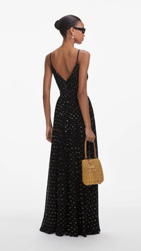 Self Portrait Chiffon Maxi Dress in Black and Gold