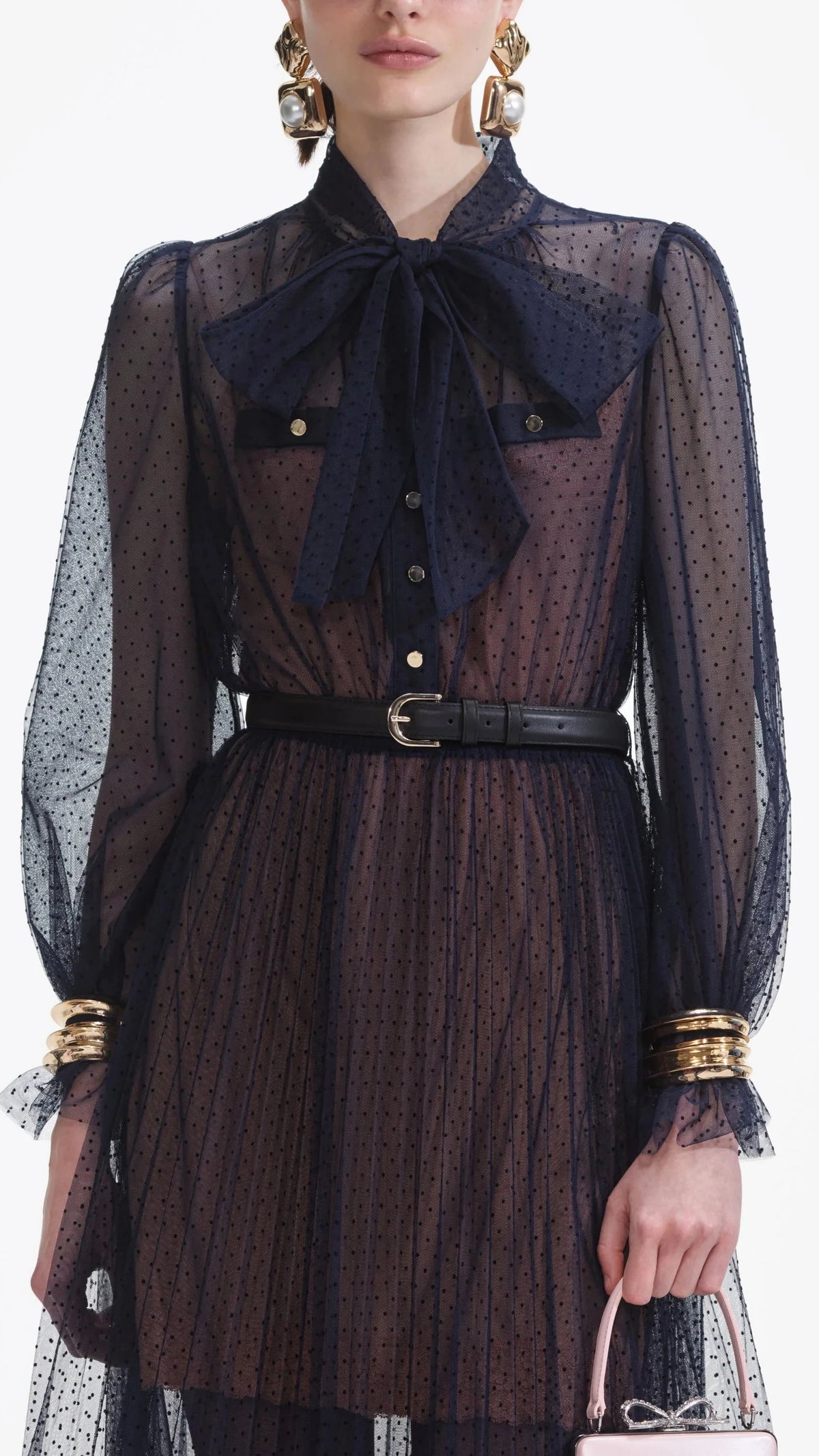 Self Portrait Dot Mesh Midi Dress in Navy