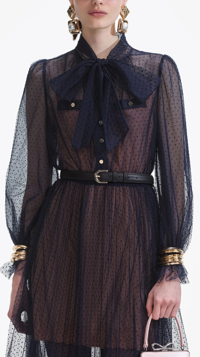 Self Portrait Dot Mesh Midi Dress in Navy