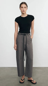 Enza Costa Textured Rib Cap Sleeve Crew Tee in Black