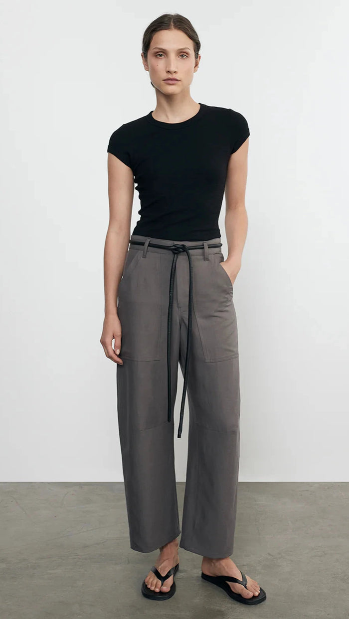 Enza Costa Textured Rib Cap Sleeve Crew Tee in Black