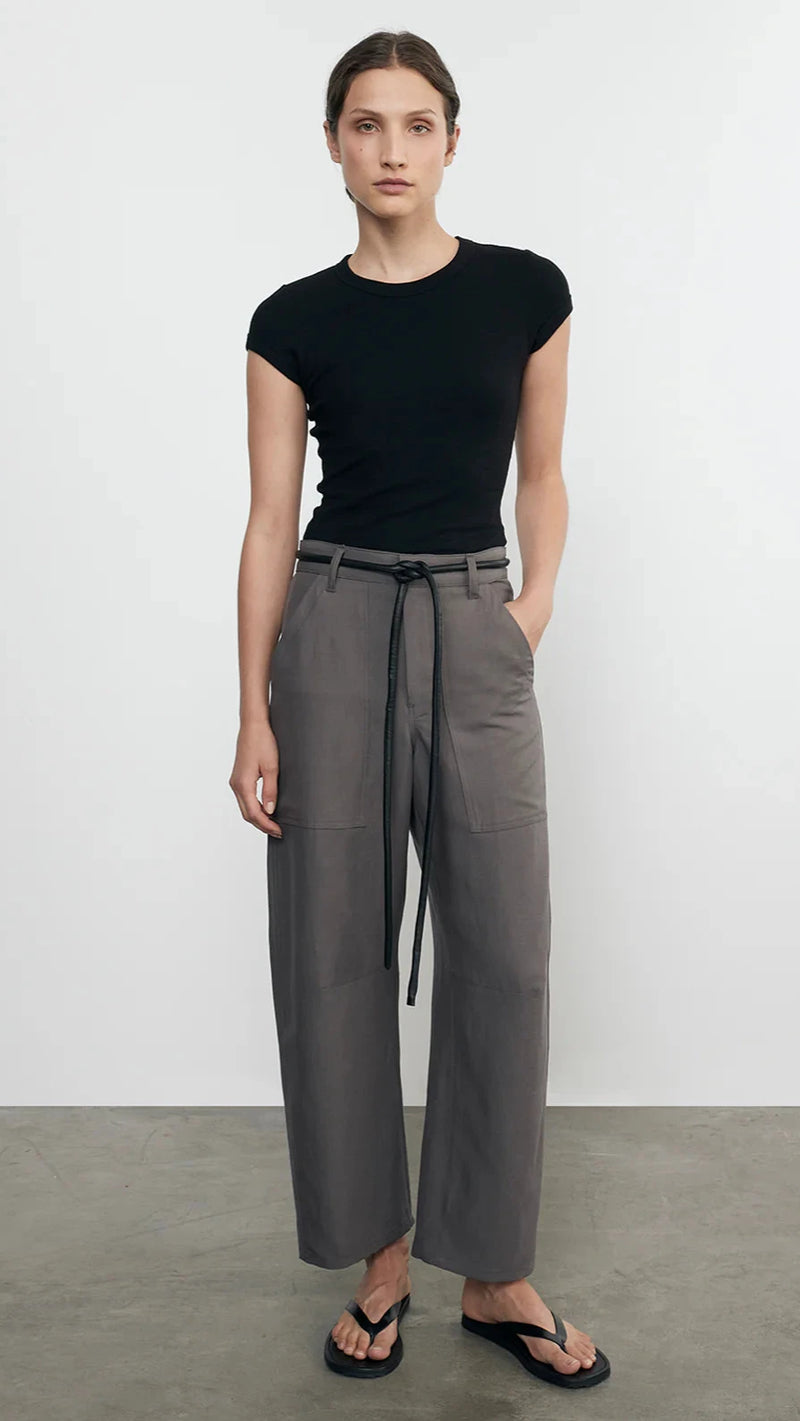 Enza Costa Textured Rib Cap Sleeve Crew Tee in Black