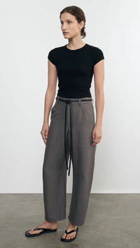 Enza Costa Textured Rib Cap Sleeve Crew Tee in Black